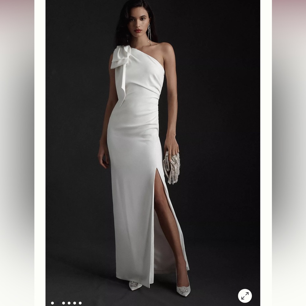 Monique Lhuillier Lionel One Shoulder Bow Detail Slit Ruched Wedding Dress 2